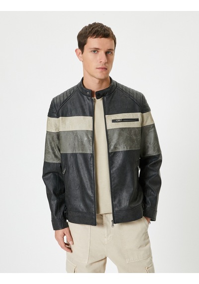 Koton Suni Deri Ceket Renk Bloklu Dik Yaka Fermuarlı Cepli Slim Fit Siyah 5wam20028hw Siyah Siyah Koton Suni Deri Ceket Renk Bloklu Dik Yaka Fermuarlı Cepli Slim Fit Siyah 5wam20028hw Siyah Siyah