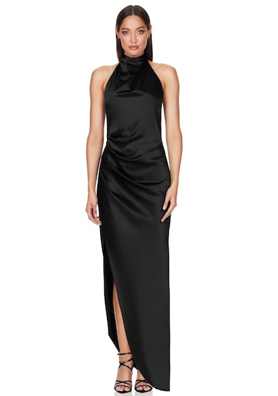 Hanife Glam Couture Hanife Glam Halter Yaka Asetat Saten Elbise Siyah