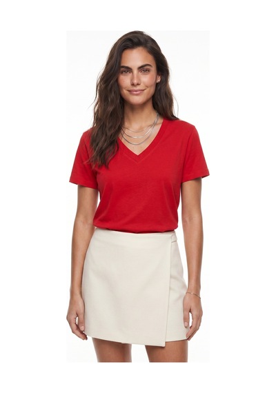 Onloox Kadın Kırmızı Kırmızı Organik Pamuklu Derin V Yakalı Comfort Fit Kısa Kollu Rahat Kesim Örme T-shirt