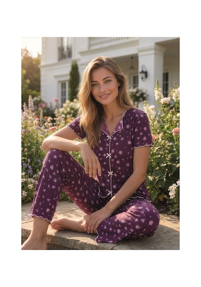 Eyfuze Kadın Baskılı Fiyonk Detaylı Raporlu Kaşkorse Kısa Kollu Pijama Takımı Mürdüm