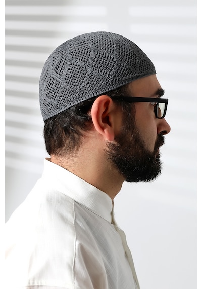 Makine Örgüsü Dantel Detaylı Namaz Takkesi Füme Füme