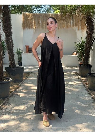 Yazlık Keten Askılı Oversize Elbise Siyah