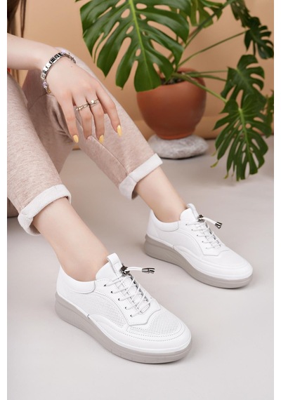 Nesilshoes Modessa 121 Beyaz Bağcıklı Hakiki Soft Deri Kadın Ayakkabı