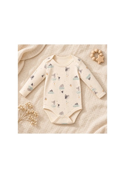 Cantaz Unisex Bebek Koala Desenli %100 Pamuk Uzun Kollu Çıtçıtlı Body Zıbın Krem