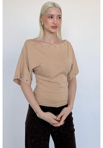 Madmext Taş Rengi Off Shoulder Metal Detaylı Kadın Bluz Mg2671 Taş Rengi