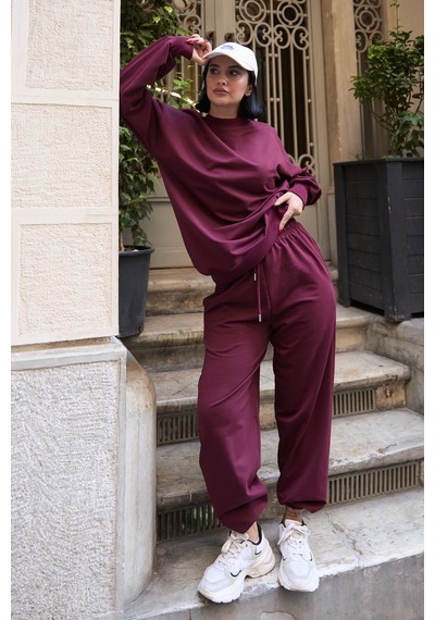 Mezka Regular Fit 2'li Takım Sweatshirt Beli Lastikli Jogger Eşofman Altı Bordo