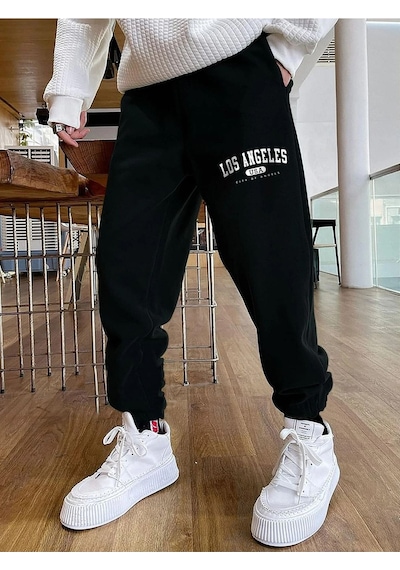 Los Angeles Siyah Jogger Eşofman Altı - Lastik Paça Baskılı Rahat Ve Tarz Siyah