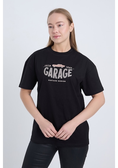Kadın Oversize Baskılı T-shirt Siyah Garage SIYAH