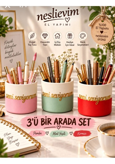 3'ü Bir Arada Renkli Masaüstü Kalemlik Seti Pembe, Mint Yeşili, Kırmızı Sevgiliye Hediye Çok Renkli