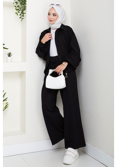 Bestenur Fermuarlı Oversize Takım 1595 - Siyah Siyah