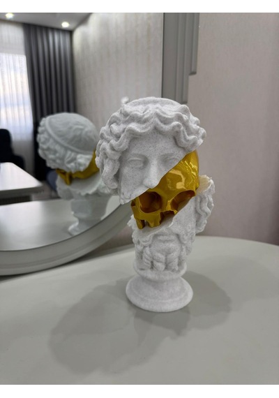 Kafatası Detaylı Büst Heykel Beyaz Gold 25 Cm Masa Salon Aksesuarı -