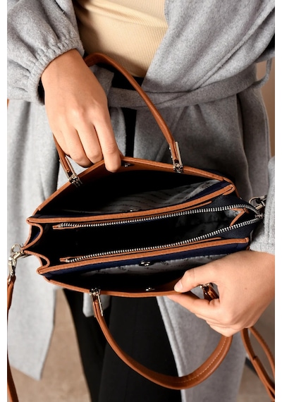Just Polo 5 Bölmeli Şık El & Omuz Çantası Shoulder Bag Ebat : 22 X 25 Cm Lacivert - Taba