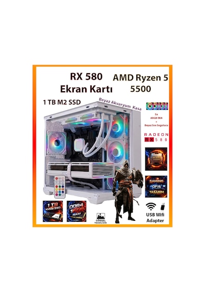 Comloji CMLJ01 R5-5500 16 GB 1 TB SSD RX580 Free Dos Masaüstü Oyuncu Bilgisayarı