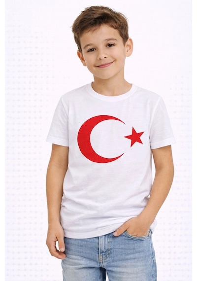 Erkek Çocuk Tişört Bisiklet Yaka Ay Yıldız Bayrak Baskılı T-shirt - Beyaz Çok Renkli