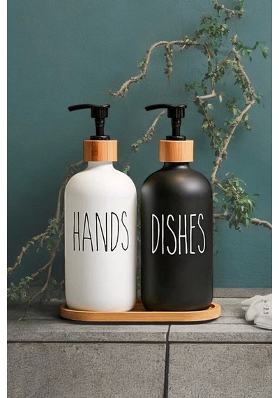 Hands Dishes 2 Li Siyah Beyaz Dekoratif Mutfak Banyo Sıvı Cam Sabunluk Seti 500ml Bambu Stantlı Set Siyah Beyaz