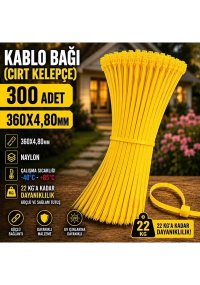 360x4,80mm Kablo Bağı Cırt Kelepçe Sarı 300 Adet
