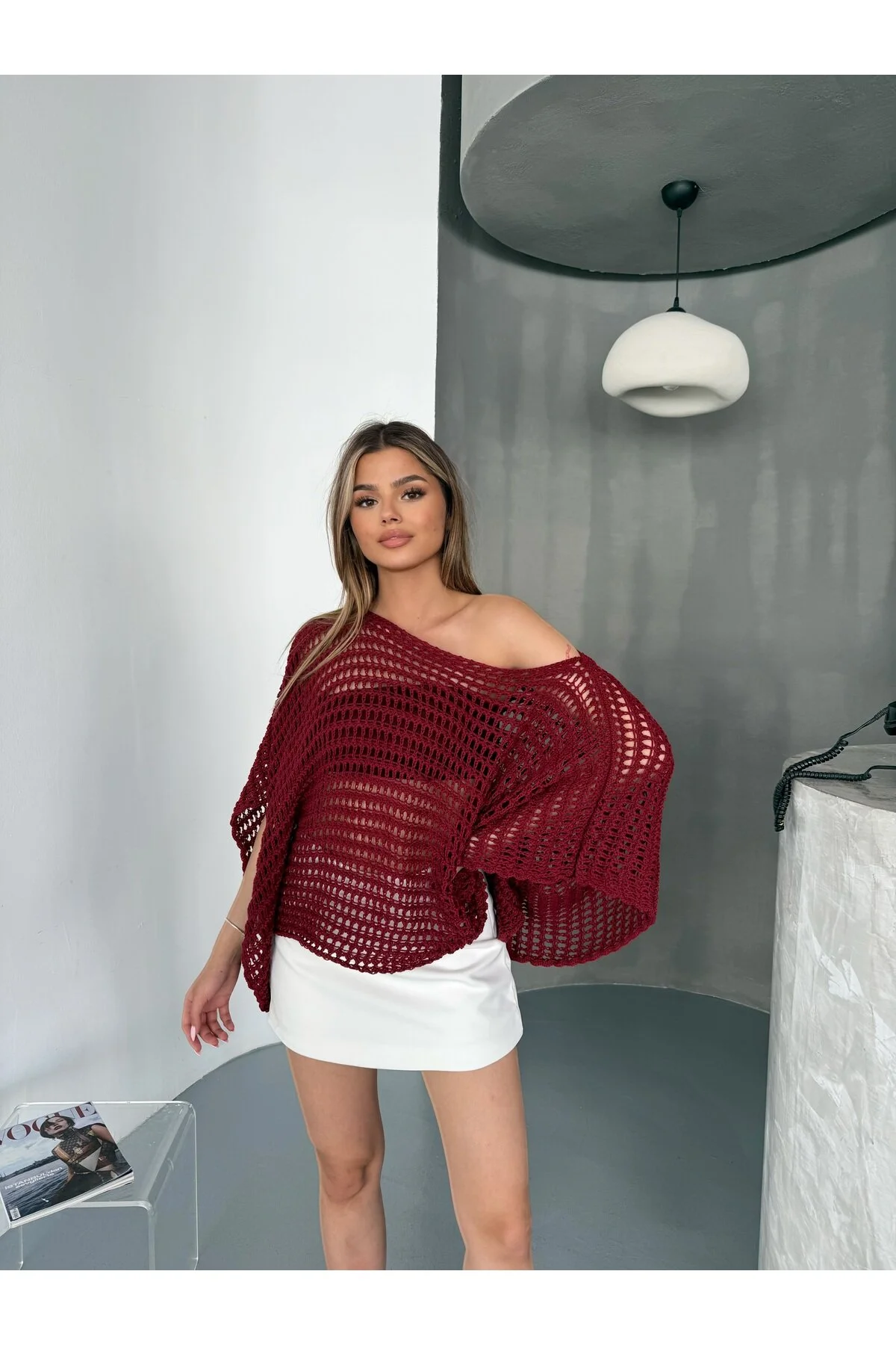 Lea Yazlık Yarasa Kol Dökümlü Triko Pamuk Bluz Açık Bordo
