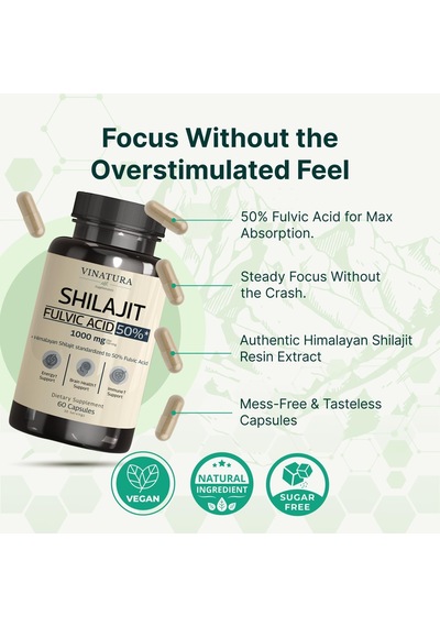 Vınatura Shilajit For Men And Women Pure Himalayan Shilajit 1000mg 50% Fulvic Acid - 60 Caps