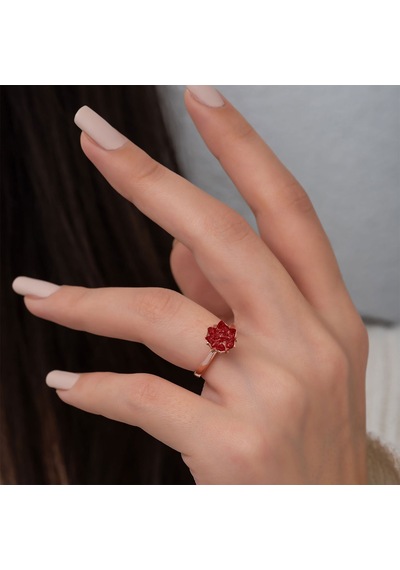 Rose Altın Kaplama Kırmızı Zirkon Taşlı Lotus Çiçeği Kadın  Yüzük Rose Gold