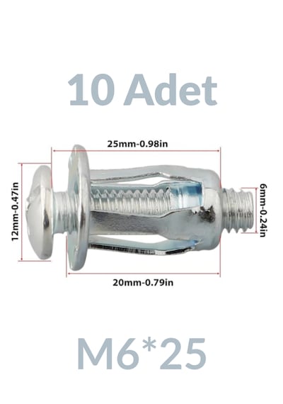 M6x25 10 Adet Sac Arkası Açılır Somun Çiçek Perçin Somunu - Kriko Ankraj Fener Tipi Genleşme Vidası M6