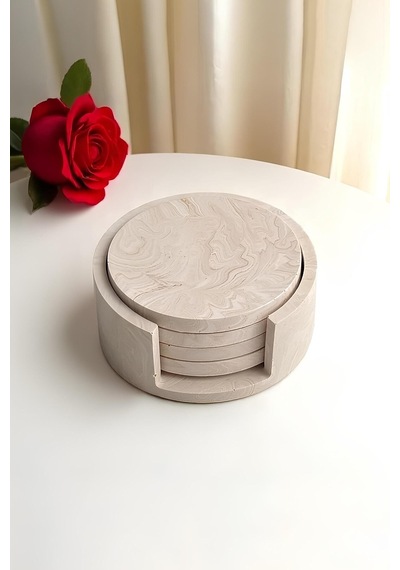 Mermer Desenli 4 Lü Beton Bardak Altlığı & Stand Minimalist Dekoratif Set Mermer Desen