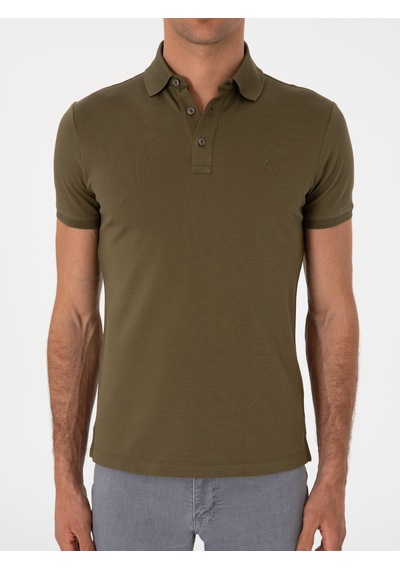 Haki Slim Fit %100 Pamuk Polo Yaka T-shirt Yeşil