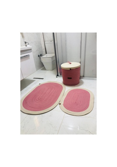 Jüt,hasır, 3 Lü Banyo Paspas Takımı, Bohem Tarzı Banyo Takımı,iskandinav Paspas/sepet Pembe Pembe