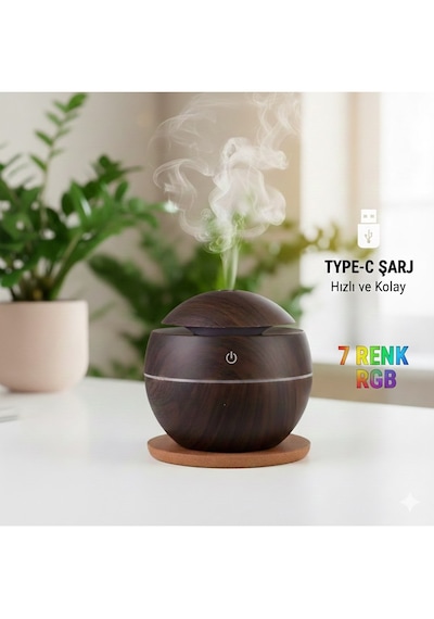 Prime Home Oval 200ml Hava Nemlendirici - 7 Renk Rgb Işıklı Difüzör - Type-c Girişli Aromaterapi Regular Koyu Kahverengi