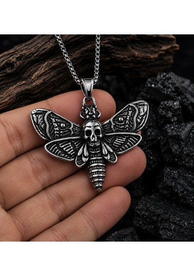 Paslanmaz Çelik Gotik Stil Kurukafa Detaylı Acherontia Lachesis Güve Kolye Antrasit