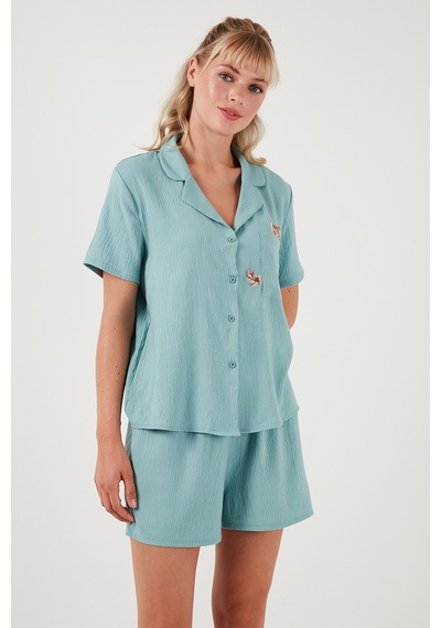 Lela Gömlek Yaka Beli Lastikli Kısa Kollu Şortlu Bayan Pijama Takımı 611Pt00123 Mint