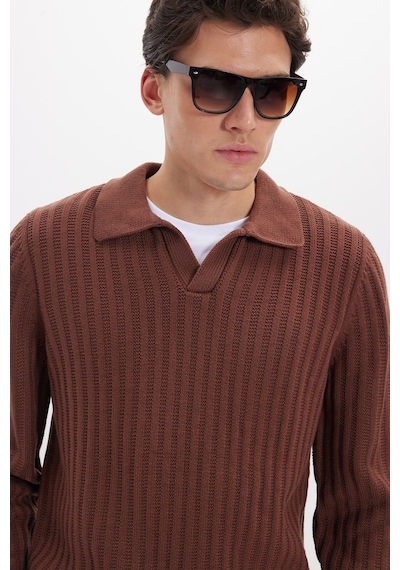 Tudors Erkek Standart Fit Normal Kesim Polo Yaka Kahverengi Kazak-46287