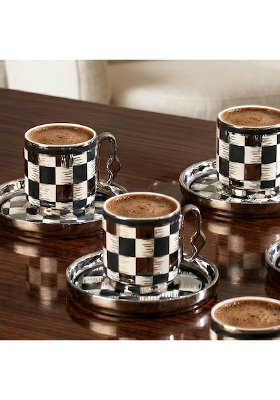 Perotti 16992 Gümüş Dama 6 Kişilik Porselen Fincan Seti 12 Parça Türk Kahvesi Fincanı Takımı-90ml Çok Renkli