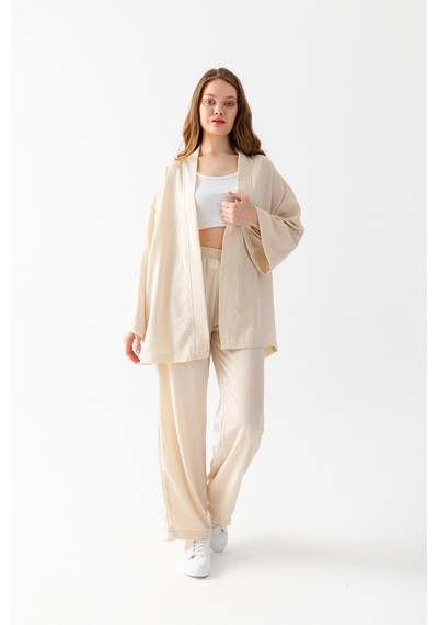 Zen Elegance Kadın Kimono Takım - Geniş Paça Keten Dokulu Alt Üst Yazlık Kadın Takım Bej Zen Elegance Kadın Kimono Takım - Geniş Paça Keten Dokulu Alt Üst Yazlık Kadın Takım Bej