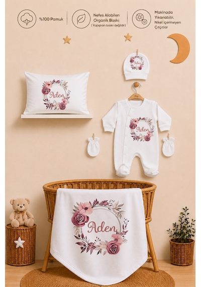 Pia Baby Kız Bebek Hastane Çıkışı 5 Parça Tulum Seti %100 Pamuk İsme Özel Organik Baskılı 1006tyb0x Ekru