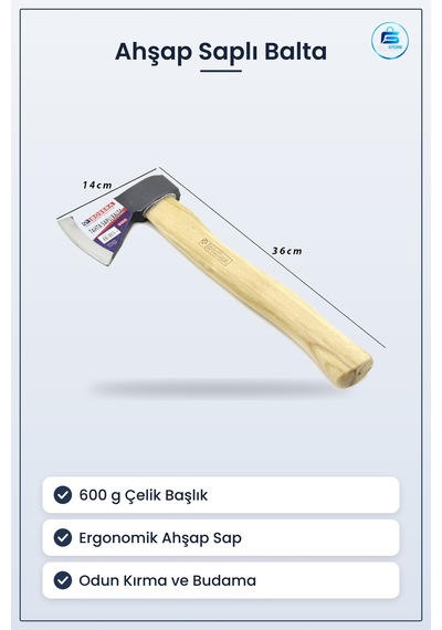 Ahşap Saplı Balta 600 G Çelik Başlık Kamp Bahçe Odun Kırma Budama