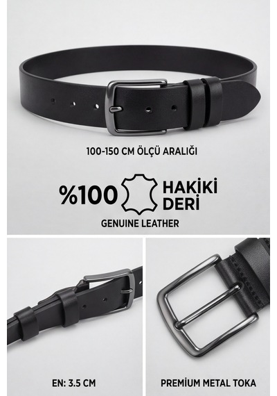 Atlas Premium - %100 Hakiki Deri Klasik Erkek Kemer 3.5 Cm En Siyah