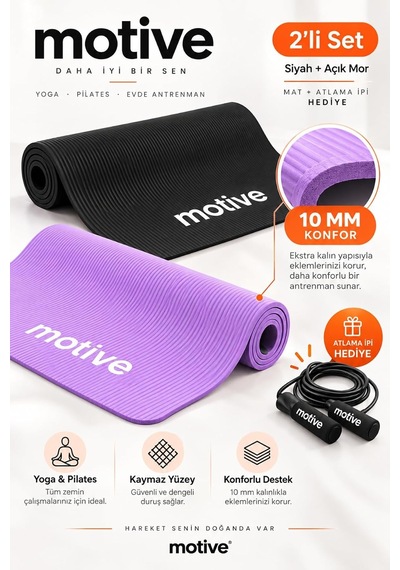 Yoga Ve Pilates Matı Seti, 2 Adet, 183 X 61 Cm, 10 Mm, Taşıma Askılı, Siyah Ve Açık Mor Genel