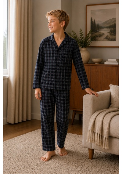 Free Beka Ekose Desenli Uzun Kollu Gömlek Yaka Düğmeli Erkek Çocuk Pijama Takımı Gri