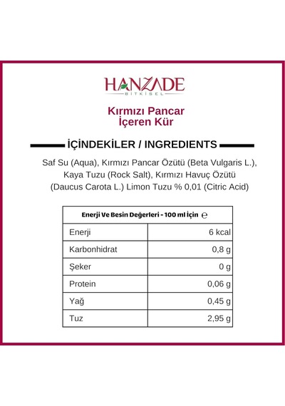 Hanzade Bitkisel Pancar Kvass Fermente Kırmızı Pancar İçeren Kür 1 Litre X 2 Adet Cam Şişe