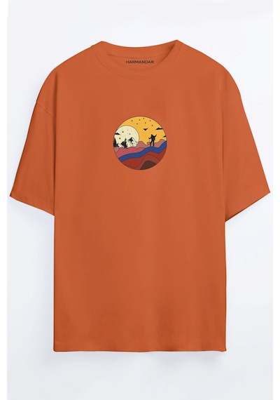 Col Adam Baskılı Unisex Siyah - Turuncu - Bej Oversize T-shirt Turuncu