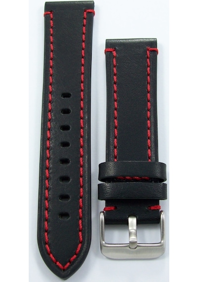 Upper Bizon Siyah Deri Saat Kordonu 22 MM Kırmızı Spor Dikişli Kayışı
