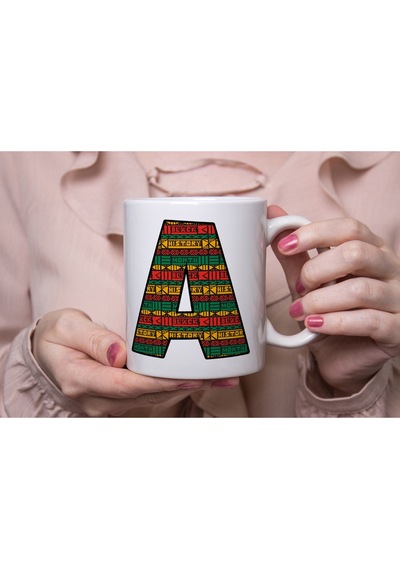 A Harfi Etnik Desenli Kupa - Afrika Tarzı Kahve Çay Kupası - Hediyelik - Black History Beyaz