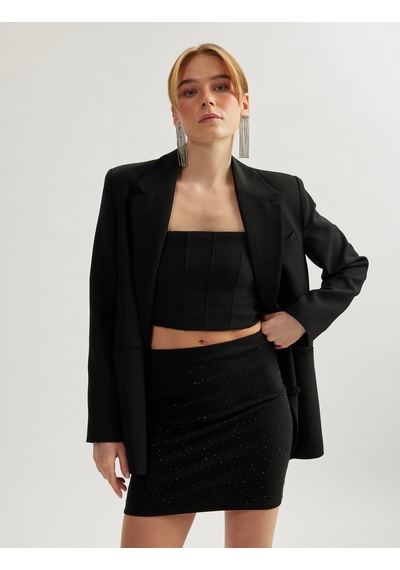 Koton Yüksek Bel Slim Fit Taş Detaylı Mini Abiye Etek Siyah 5sak70012fk Siyah