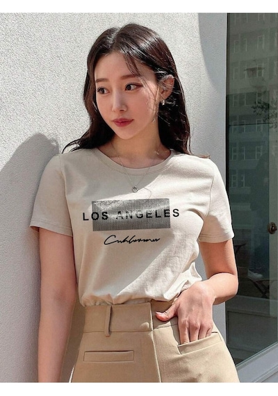 Uyguntarz Unisex Los Angeles Baskılı Tasarım Tshirt Bej