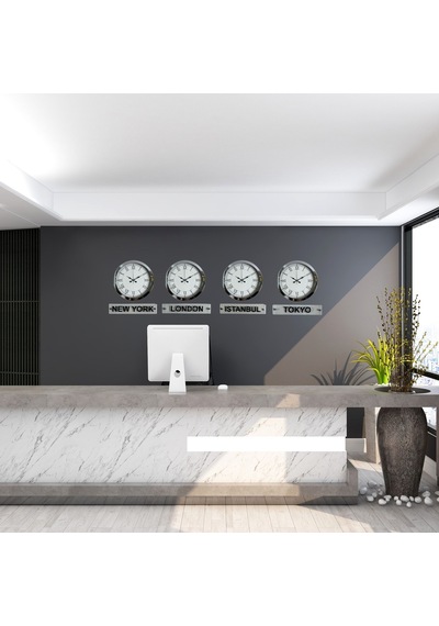 Krom Series 36 Cm Metal Tabelalı Dünya Saatleri Seti Otel Ve Resepsiyon Saati