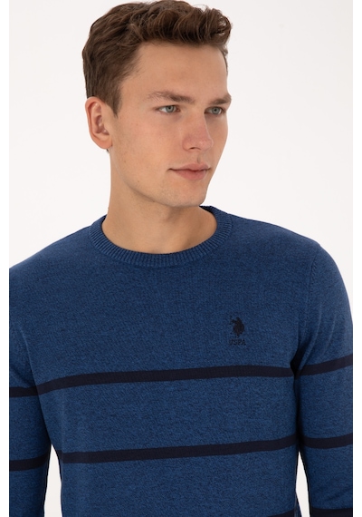 U.S. Polo Assn. Erkek Slim Fit Bisiklet Yaka Çizgili Açık Lacivert Kazak 50314976-VR059
