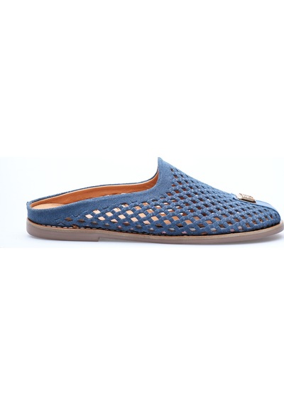 Analin Shoes Kadın Hakiki Deri Delikli Günlük Rahat Terlik Mavi
