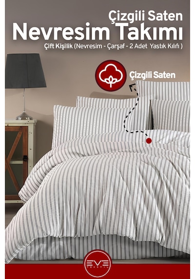 Saten Çizgili Çift Kişilik Lüks Nevresim Takımı Set 200x200 Cm Koyu Gri