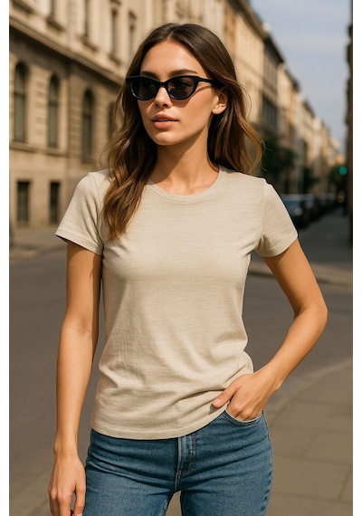 Kadın %100 Organik Pamuklu Relaxed Yıkamalı T-shirt Bisiklet Yaka Kısa Kollu Kadın Basic Tişört Bej