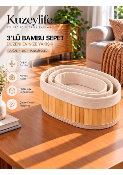 Kuzeylife Bambu Trio Oval 3lü Sepet Seti Kahverengi